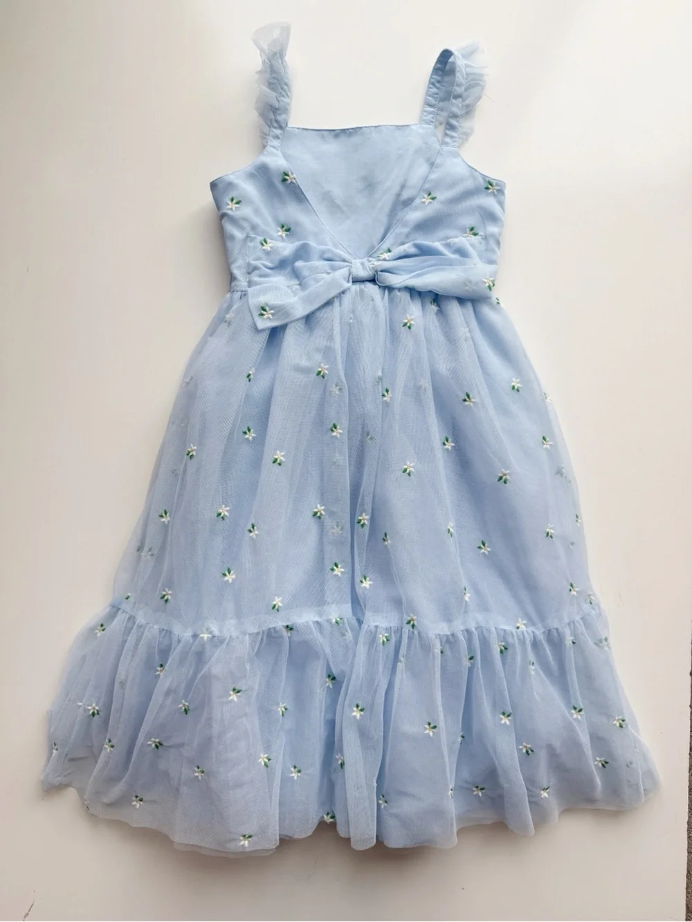 Mini Boden Back Bow Blue Tulle Dress with Embroidered Flowers size 8/9